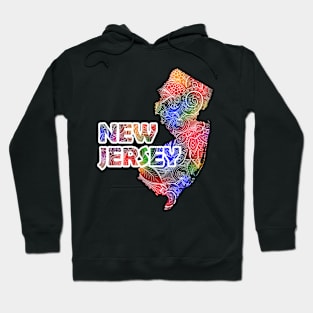 Colorful mandala art map of New Jersey with text in multicolor pattern Hoodie